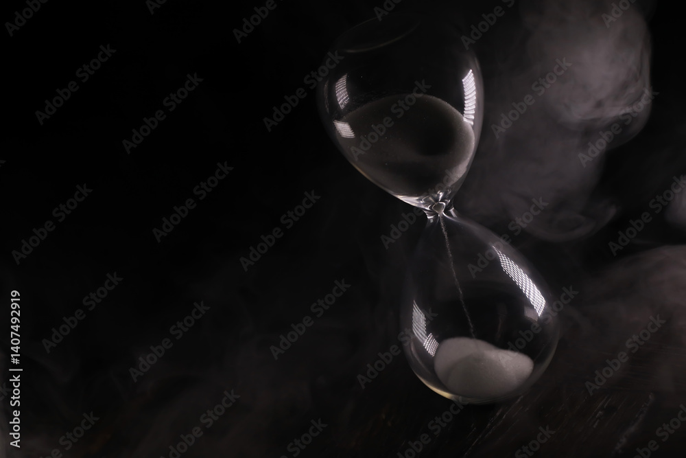 Elegant Timeless Hourglass in Dark Mist, Mysterious Sands Flowing, Symbol of Time and Reflection