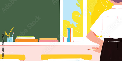 A teacher stands by a classroom window, looking out at the autumn scenery. Books and pencils sit on the desk. The scene is peaceful and contemplative.