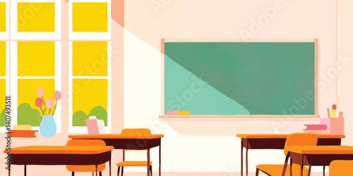 The classroom glows with soft sunlight, empty desks neatly arranged, awaiting the return of students and learning. A scene filled with anticipation and the promise of a new day.