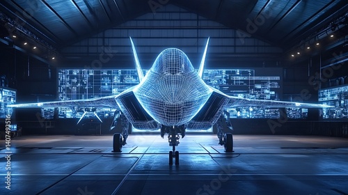 Holographic projection of a cutting-edge fighter jet undergoing a simulated maintenance check in a high-tech hangar, highlighting innovative digital twin technology in aviation