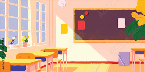 A bright classroom bathed in natural light with desks, chalkboard, and vibrant decor, evoking a sense of peace, ready for a new day of learning.