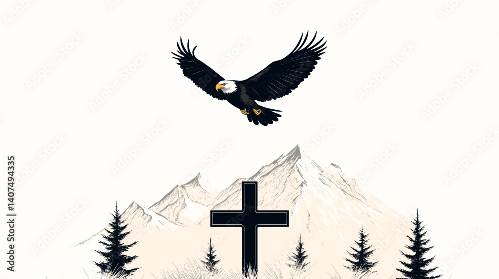 Fototapeta premium Retro-style black and white eagle soaring above a mountain cross, symbolizing strength through faith