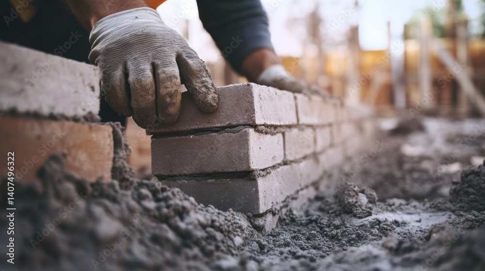 Mason laying bricks for foundation wall. Featuring skill and craftsmanship Mason laying bricks for foundation wall. Featuring skill and craftsmanship
