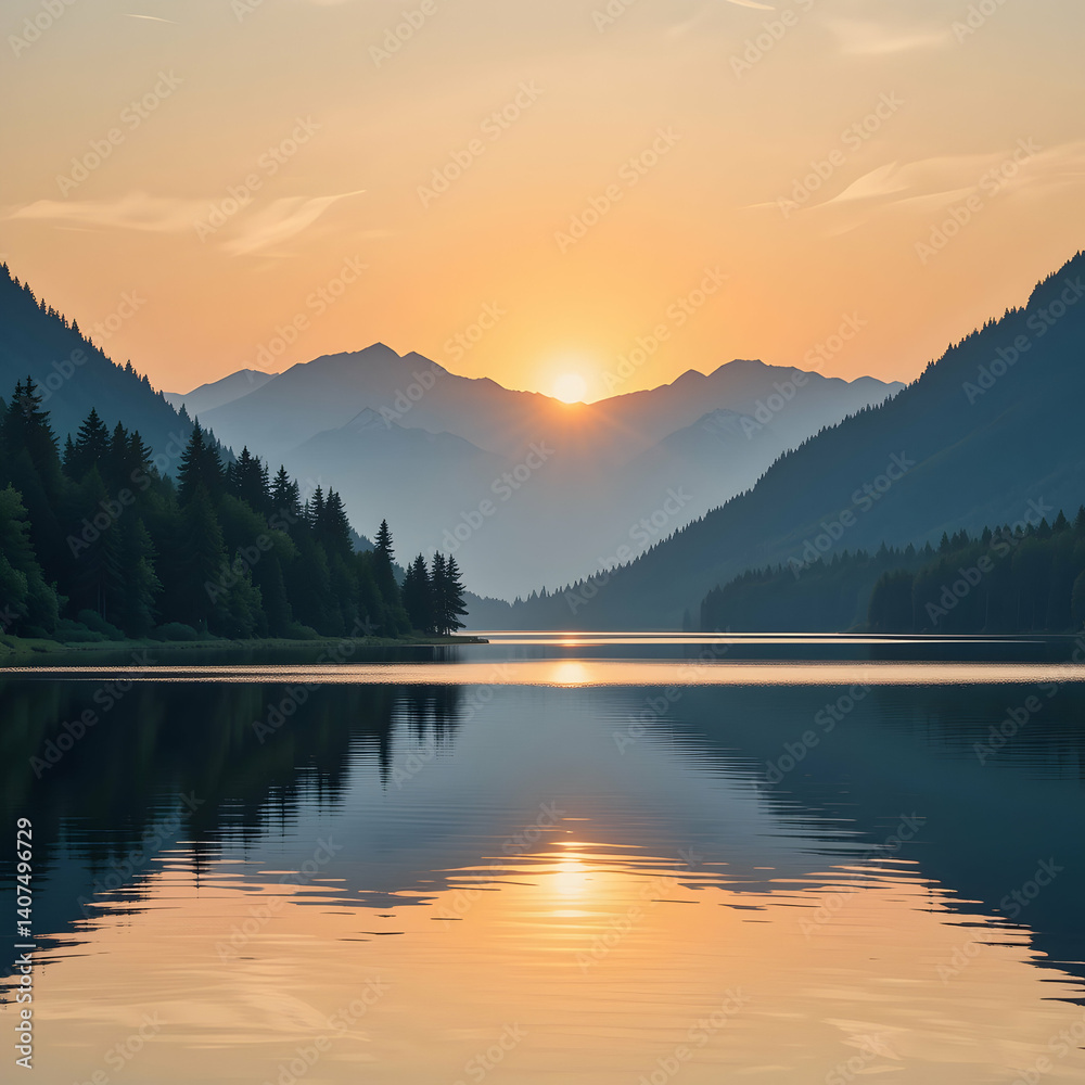 Fototapeta premium Sunrise Mountain Lake Landscape Photo