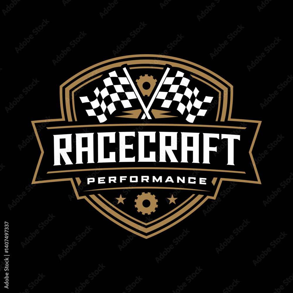 Bold shield shaped Racecraft logo with checkered flags and white Performance text for racing brands