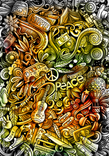 Hippie hand drawn doodle banner. Cartoon art illustrations.