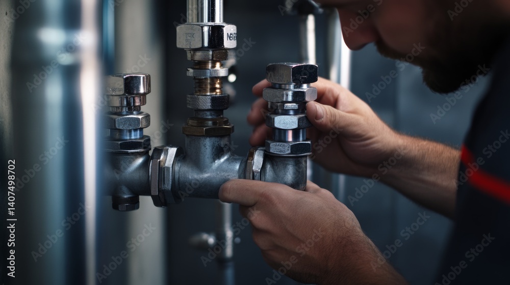 Construction worker adjusting pipe fittings for plumbing. Featuring skill and technical expertise