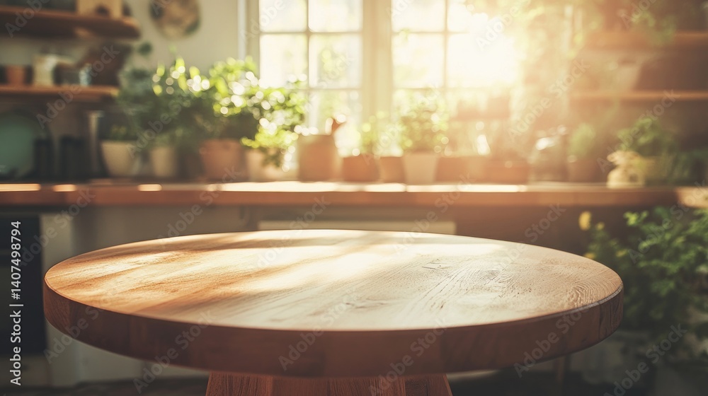Fototapeta premium Sunny Kitchen Tabletop, Plants Background