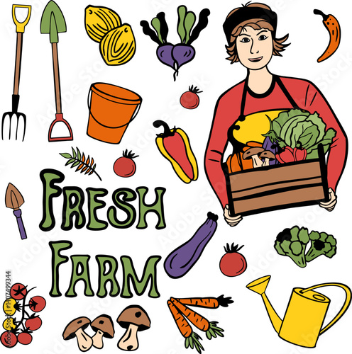 Farm harvesting. Agriculture worker, green farm, organic food production. Vector set illustration. Collection vegetables and tools with farmer