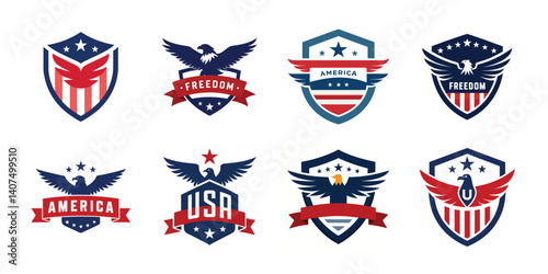 American eagle shield set, USA banner vector illustration collection for 4th of July