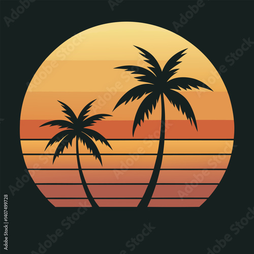 Golden Sunset Behind Silhouette Palm Trees or coconut trees on the Beach for tshirt design