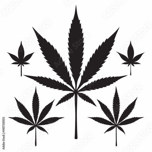 Marijuana Leaf bundle set black and white silhouette on white background