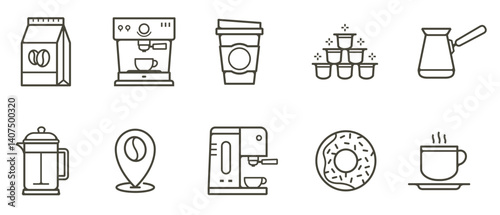 Cofee break set icon. Coffee, drink, plant, tea bag, grains, mug, cocktail, americano, cappuccino, etc. Beverage concept. Neomorphism style. Vector line icon for Business and Advertising

