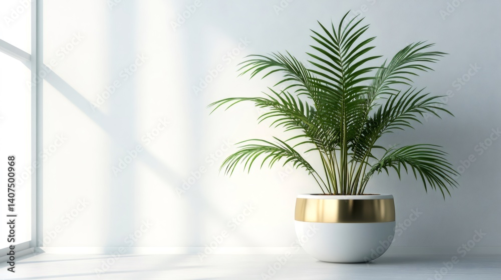 Green plant growing in modern pot with golden band near window in white room Green plant growing in modern pot with golden band near window in white room