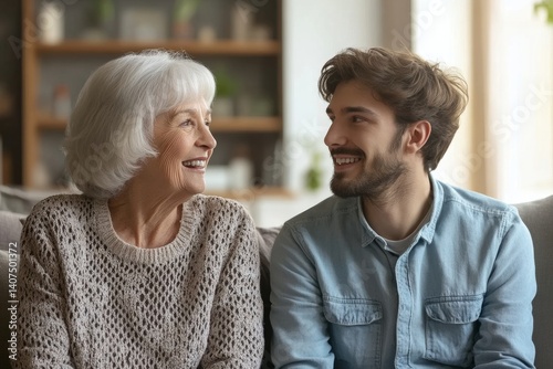 Cheerful elderly woman sitting on the sofa next to his adult son. adult son and mom talk to each other