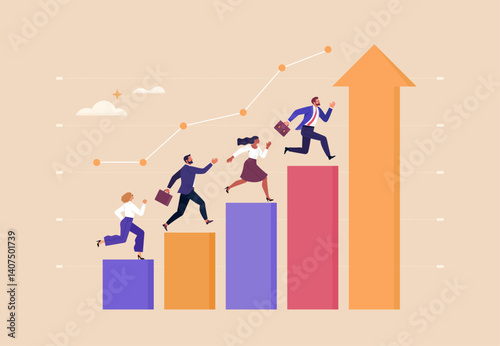 Business Success Concept. Vector cartoon illustration of a group of diverse people in business suits running up a rising graph. Isolated on background