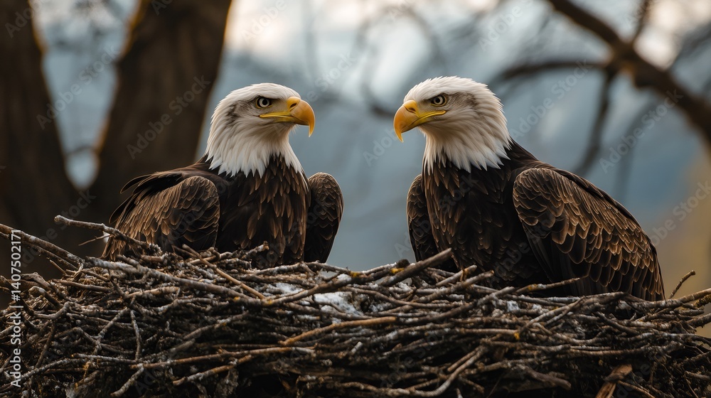 Two bald eagles sitting and staring at each other in nest
