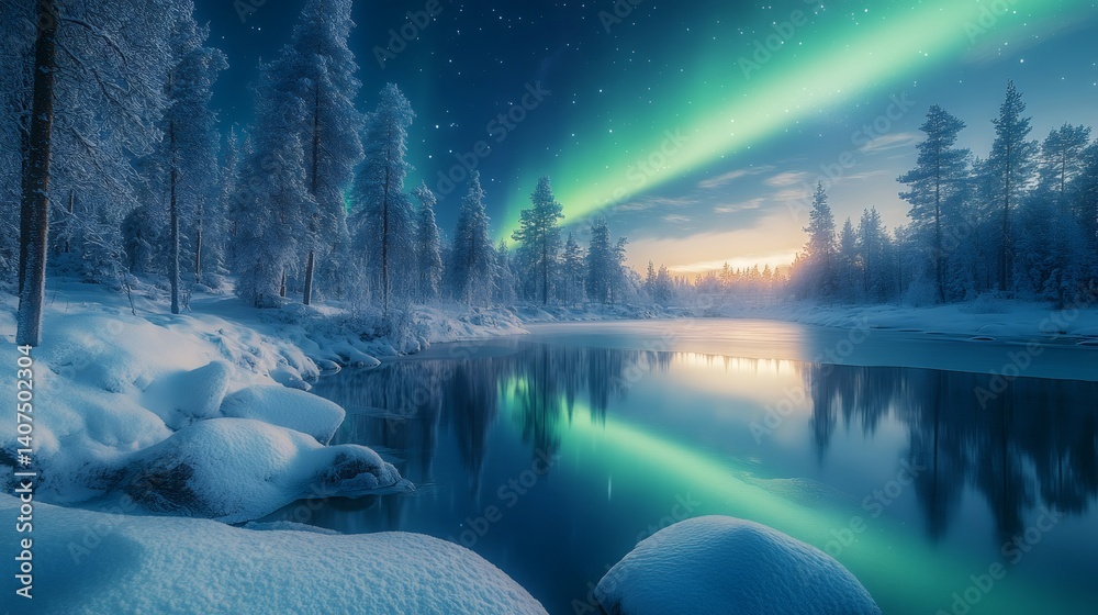 Northern lights illuminating winter landscape with snowy trees and frozen lake