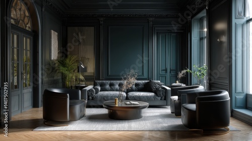 Dark, moody living room with leather furniture