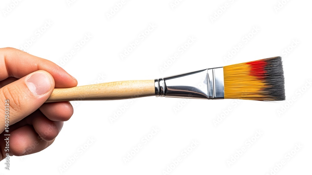 Hand holding paintbrush with red and yellow bristles on white background