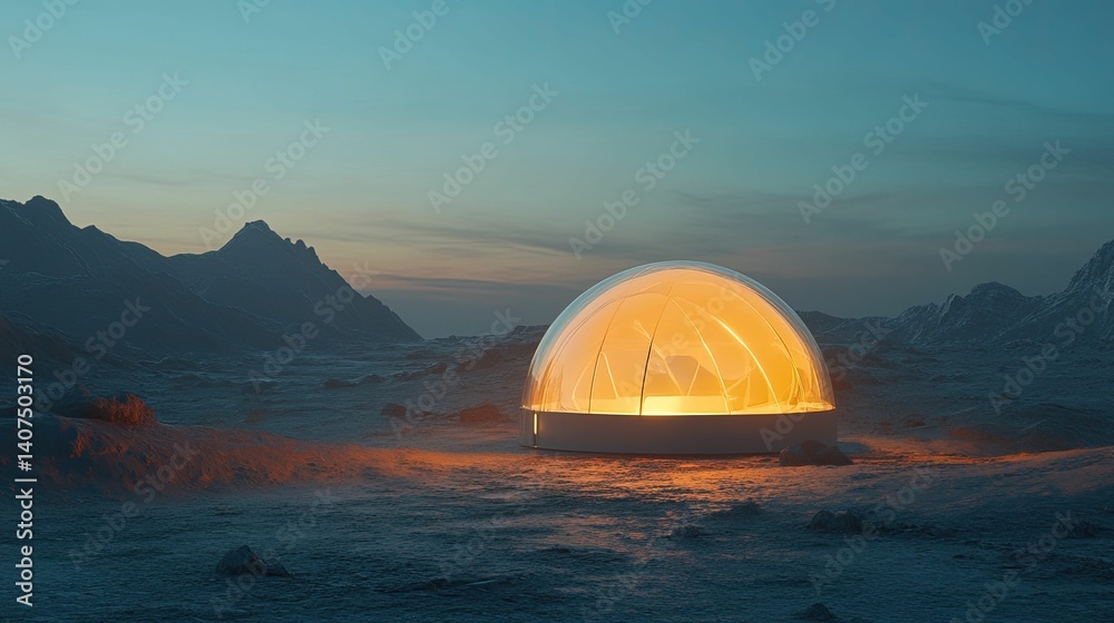 Fototapeta premium Illuminated geodesic dome rests in desolate landscape