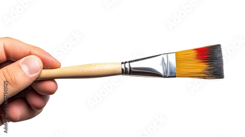 Obraz na płótnie Hand holding paintbrush with red and yellow bristles on white background w salonie