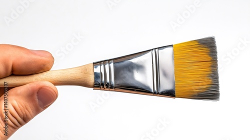 Obraz na płótnie Hand holding paint brush with wooden handle and yellow bristles w salonie