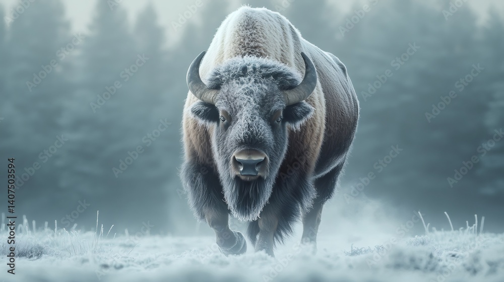 Majestic bison walking on frozen snowy ground in winter forest