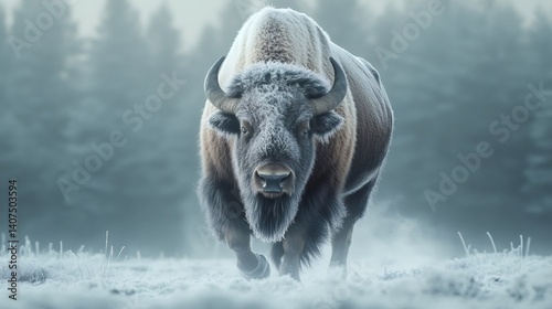 Obraz na płótnie Majestic bison walking on frozen snowy ground in winter forest w salonie