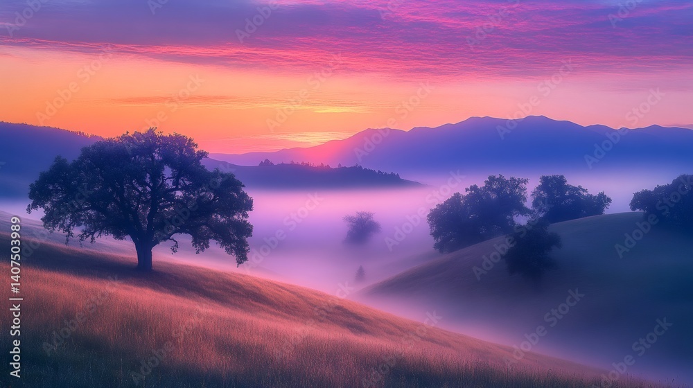 Sunrise illuminating fog covered hills and oak trees in california countryside