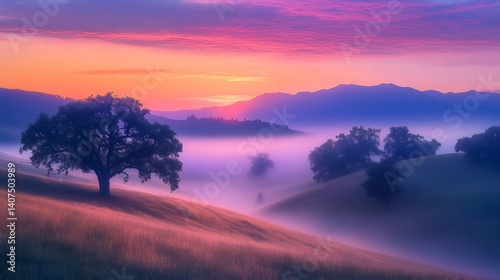 Obraz na płótnie Sunrise illuminating fog covered hills and oak trees in california countryside w salonie