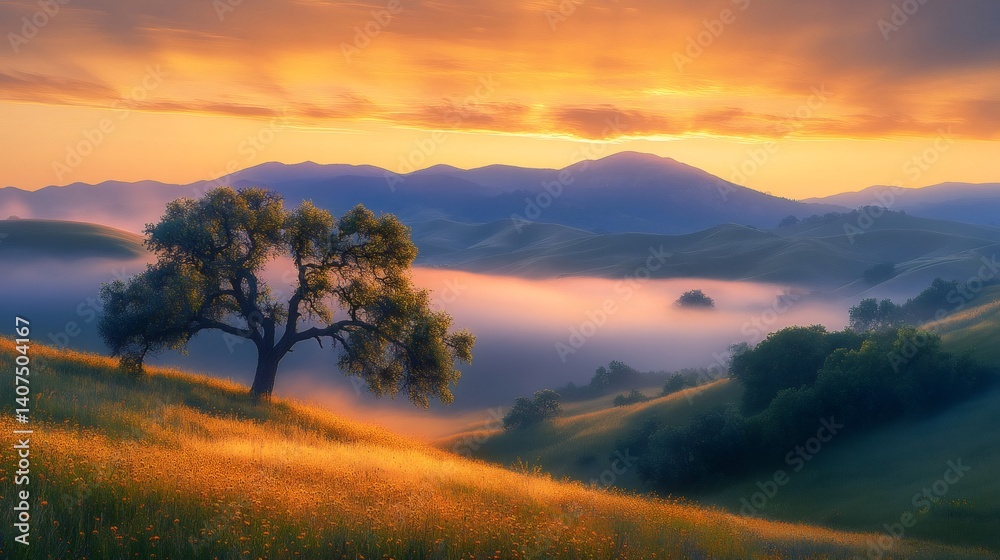 Obraz premium Lone tree standing on a hill at sunset with fog covering the valley
