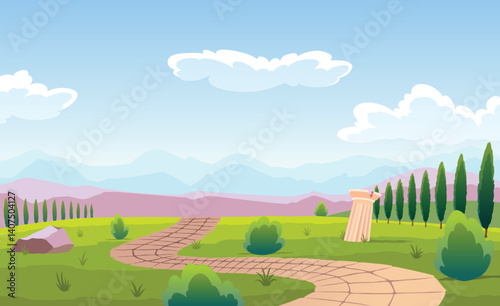 Summer landscape with historical landmark. Greek or roman building landscape. European architecture. Famous ancient architecture. Cartoon outdoor museum flat vector illustration