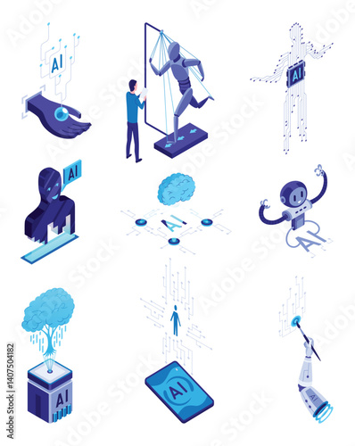 Isometric artificial intelligence icon set. Digital robots technology. Ai technology web banner element. Deep learning machine, digital concept. Isolated vector illustration