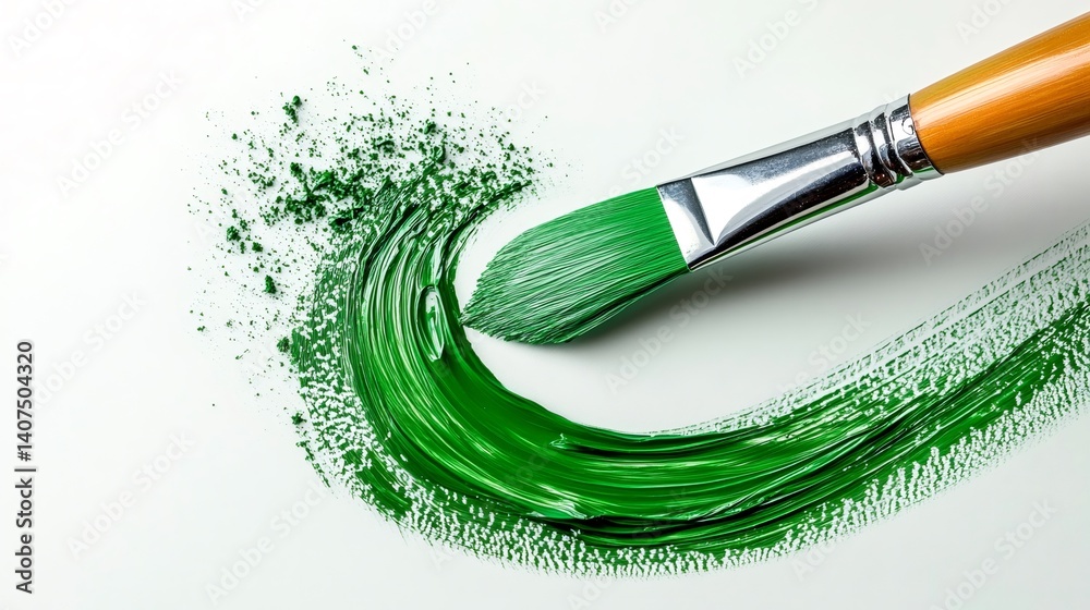 Paintbrush painting green stroke on white background