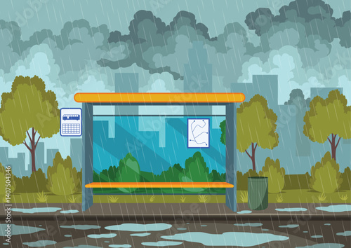 Rainy weather bus stop. Shelter from rain. Outdoor urban street in rain, pavement in puddles, sky with clouds. Cartoon flat vector illustration