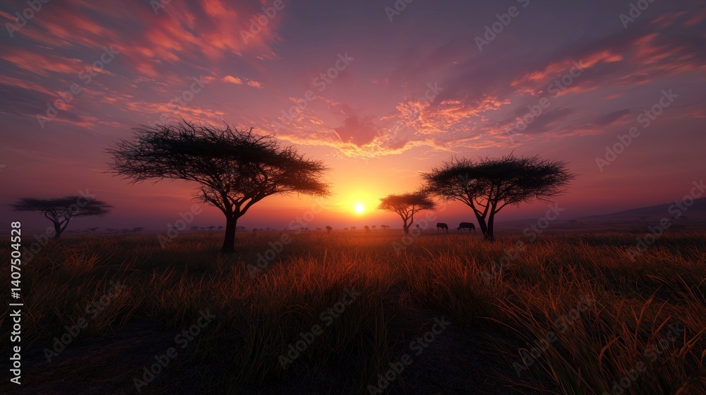 African Savanna Sunset Landscape with Acacia Trees