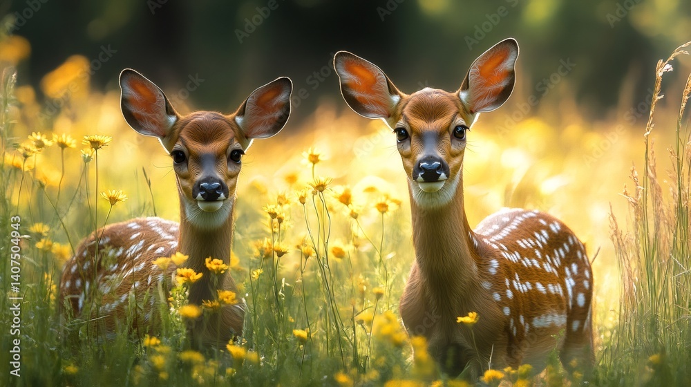 Two young deer standing in a field of flowers