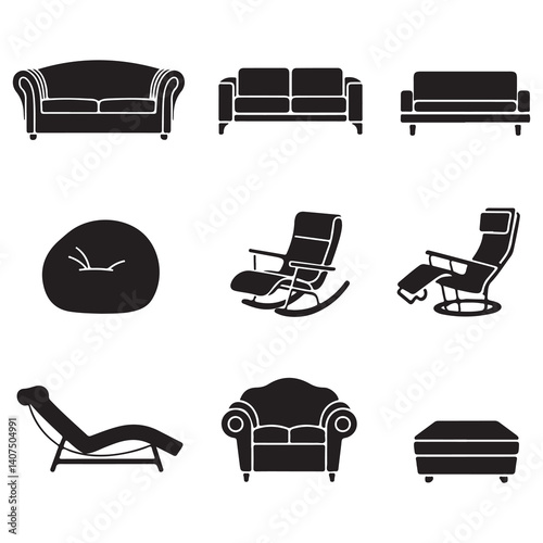 Furniture and transport icon set with various vehicles and symbols