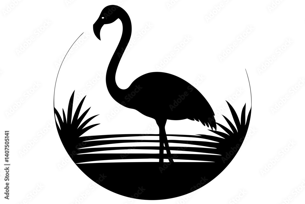 Fototapeta premium Elegant Flamingo Silhouette On Water With Lush Vegetation Black And White Minimalist Design Concept For Creative Projects, flamingo, silhouette, bird, water, black, white, vector, tropical