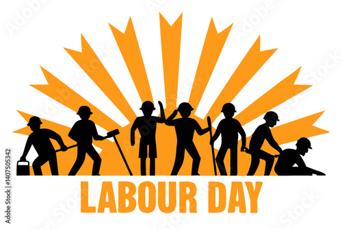 Labor Day Celebration With Workers Silhouette And Sunburst Graphic For Web Banners And Social Media Artwork, labor day, labour day, worker, workers, silhouette, sunburst, construction, construction