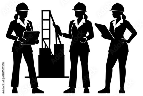 Female Engineers Inspecting Construction Site Silhouette Illustration Vector Graphic Featuring Professional Women And Industrial Safety With Architectural Design And Development, engineer, female
