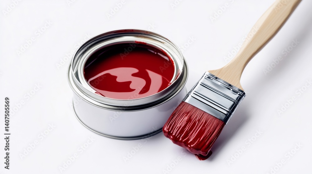 Red paint can and brush resting on white background