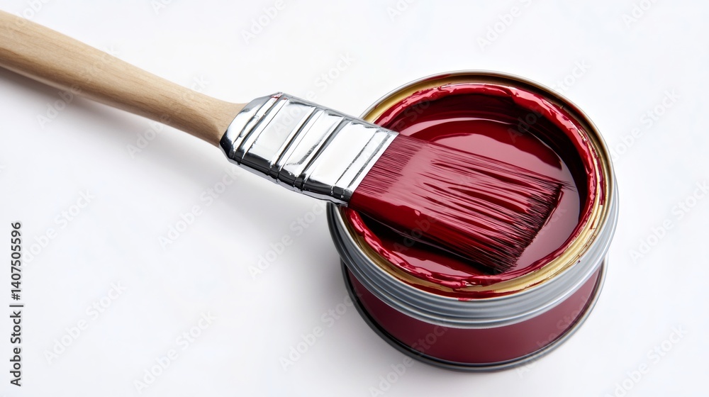 Paint brush dipped in red paint can on white background
