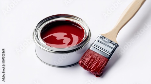 Obraz na płótnie Red paint can and brush resting on white background w salonie