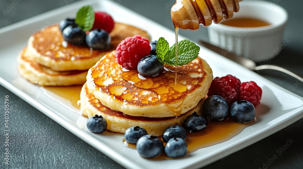 Delicious pancakes with honey, berries and mint being poured on a white plate