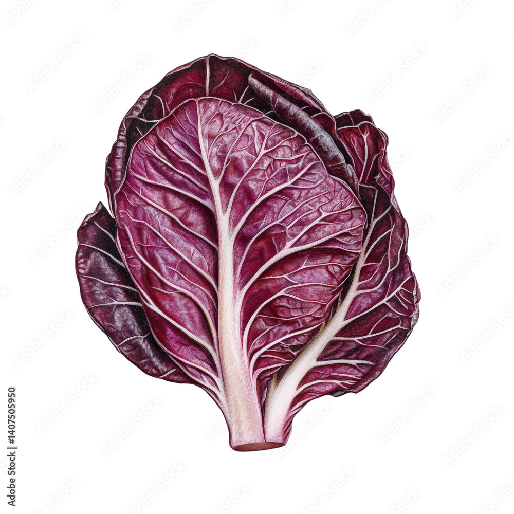 Obraz premium Whole fresh radicchio cabbage with deep purple leaves and white veins, isolated on transparent background for food or diet themes.