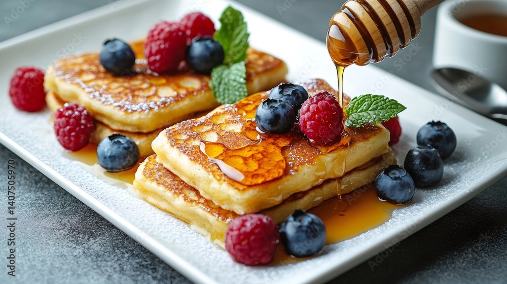 Delicious pancakes with honey, berries and mint for breakfast