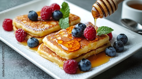 Obraz na płótnie Delicious pancakes with honey, berries and mint for breakfast w salonie