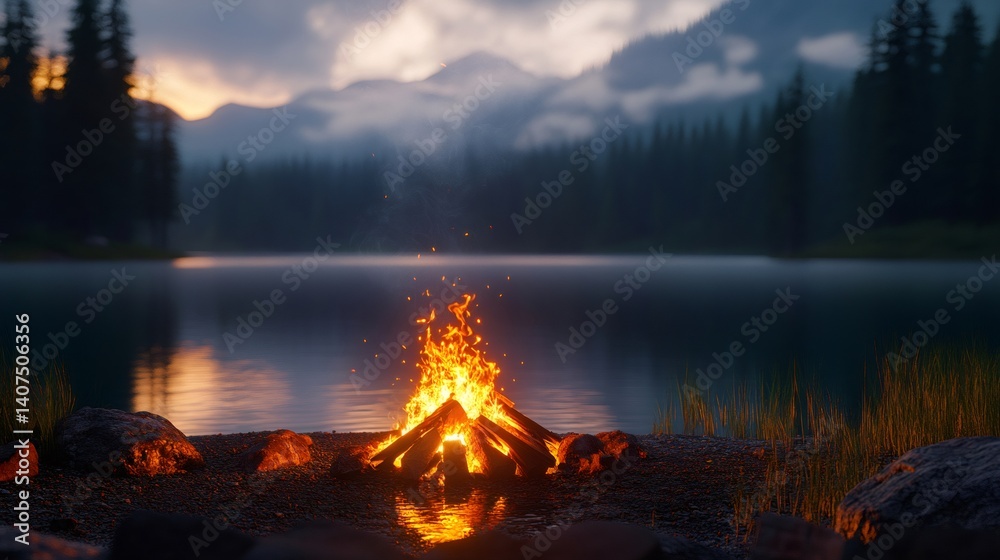 Bonfire burning on the shore of a mountain lake at sunset